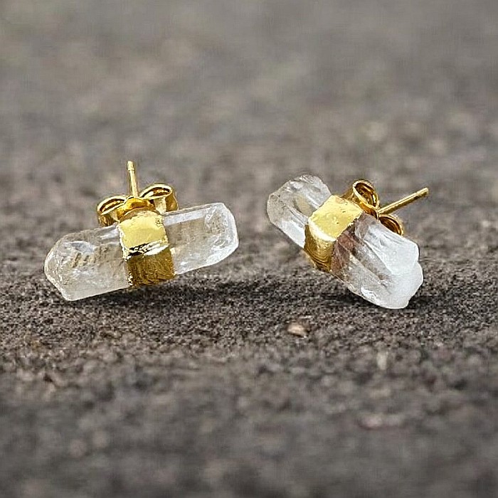 Cercei din cuart transparent, model minimalist Saren, din alama placata cu aur [8]
