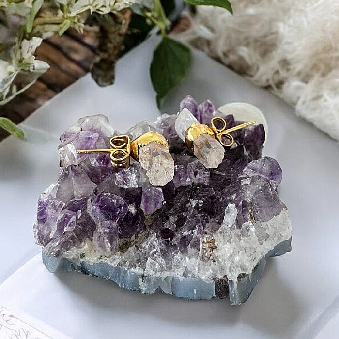 Cercei din cuart transparent, model minimalist Saren, din alama placata cu aur [5]