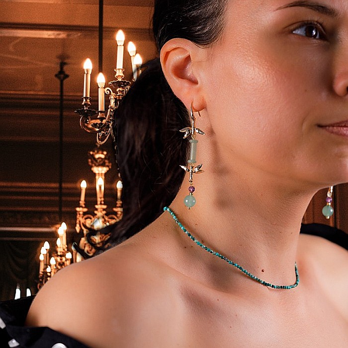 Cercei drop eleganti din jad verde Ryna ❤️ placati cu aur [3]