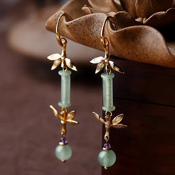 Cercei drop eleganti din jad verde Ryna ❤️ placati cu aur [5]