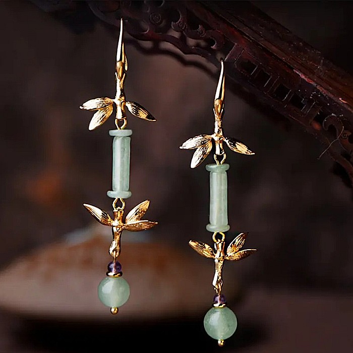 Cercei drop eleganti din jad verde Ryna ❤️ placati cu aur [1]