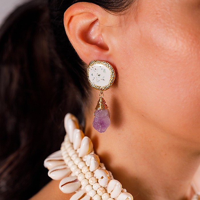 Cercei drop eleganti pietre semipretioase Ametist Zuhu cu Sidef de Scoici [10]