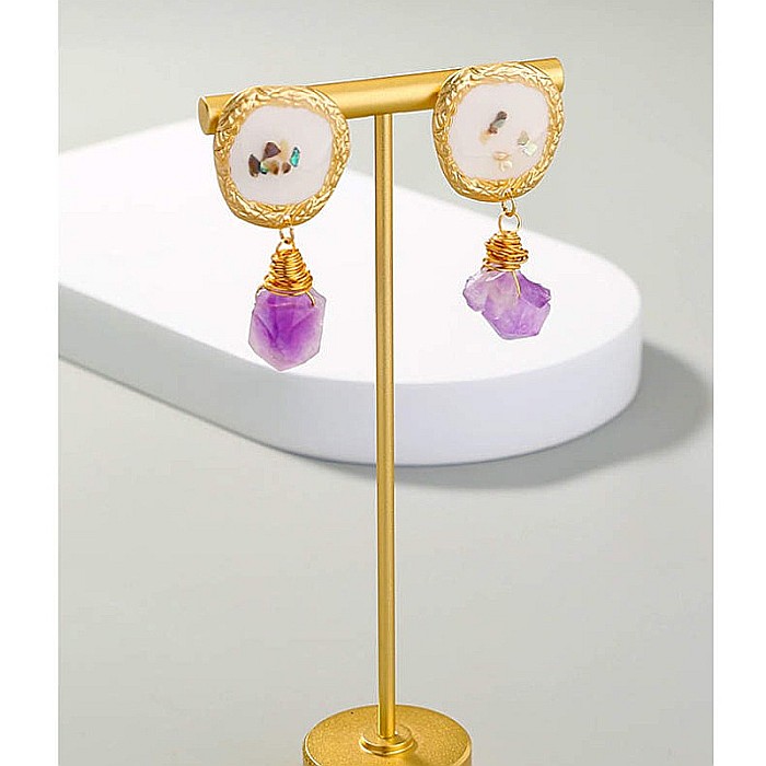 Cercei drop eleganti pietre semipretioase Ametist Zuhu cu Sidef de Scoici [7]