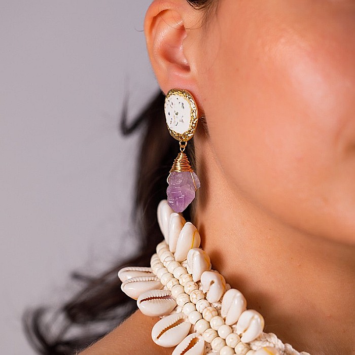 Cercei drop eleganti pietre semipretioase Ametist Zuhu cu Sidef de Scoici [1]
