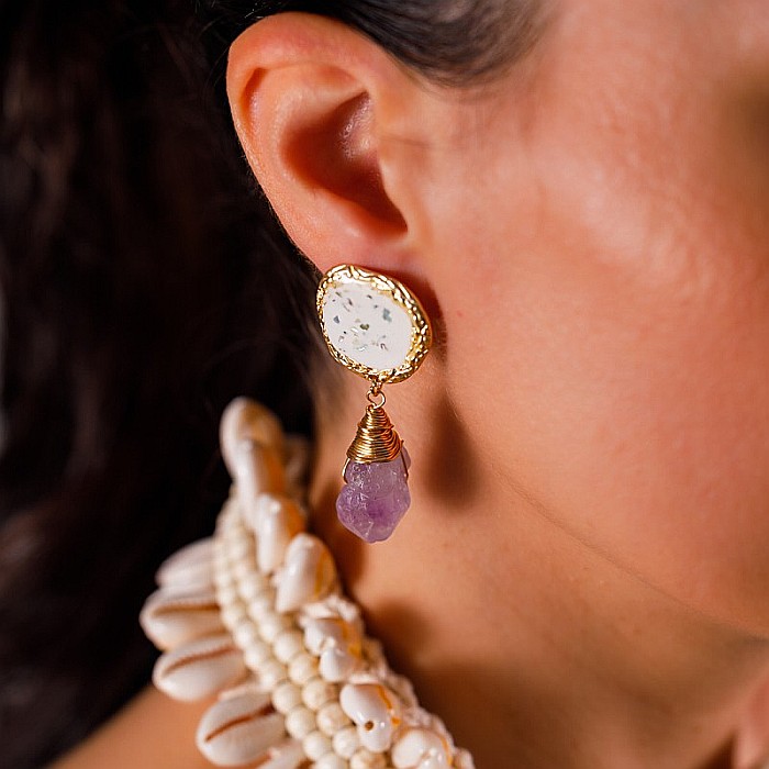 Cercei drop eleganti pietre semipretioase Ametist Zuhu cu Sidef de Scoici [2]