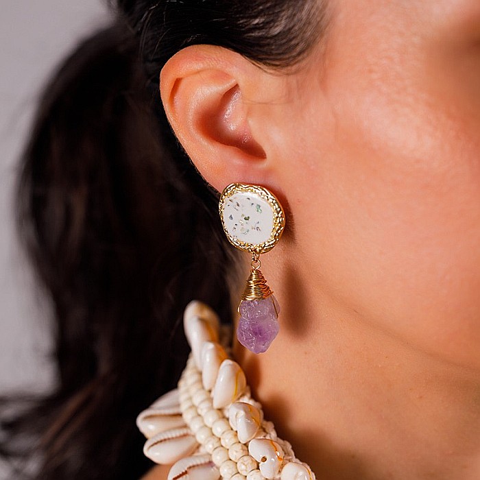 Cercei drop eleganti pietre semipretioase Ametist Zuhu cu Sidef de Scoici [11]