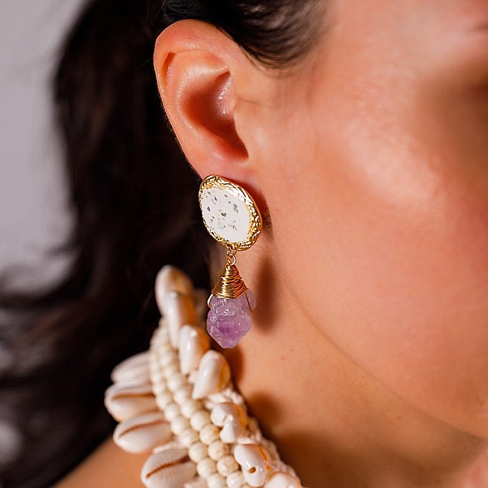 Cercei drop eleganti pietre semipretioase Ametist Zuhu cu Sidef de Scoici [9]