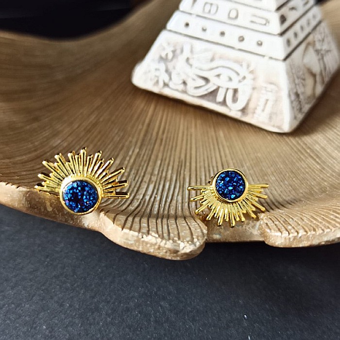 Cercei Kanya in forma de soare cu piatra druzy naturala, placati cu aur de 18K [3]