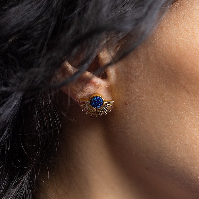 Cercei Kanya in forma de soare cu piatra druzy naturala, placati cu aur de 18K [9]
