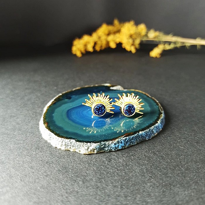 Cercei Kanya in forma de soare cu piatra druzy naturala, placati cu aur de 18K [6]