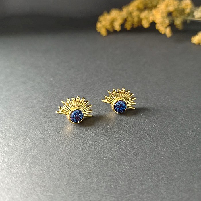 Cercei Kanya in forma de soare cu piatra druzy naturala, placati cu aur de 18K [5]