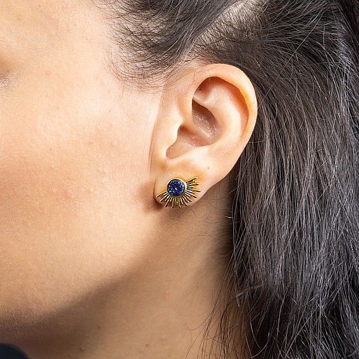 Cercei Kanya in forma de soare cu piatra druzy naturala, placati cu aur de 18K [13]