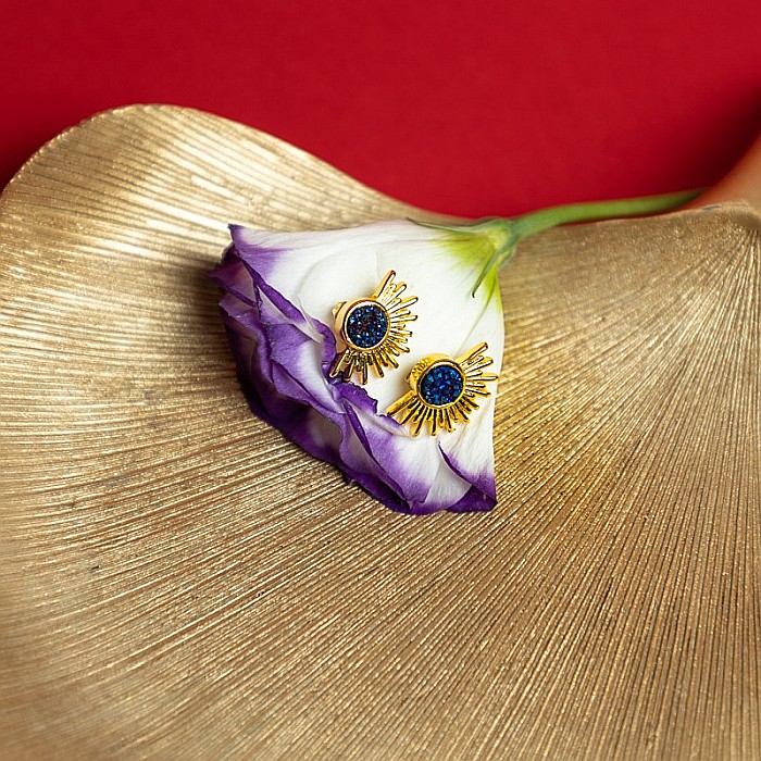 Cercei Kanya in forma de soare cu piatra druzy naturala, placati cu aur de 18K [16]