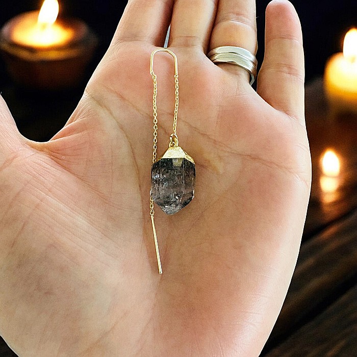 Cercei lungi drop cu cristal brut de Diamant Herkimer placati cu aur [5]