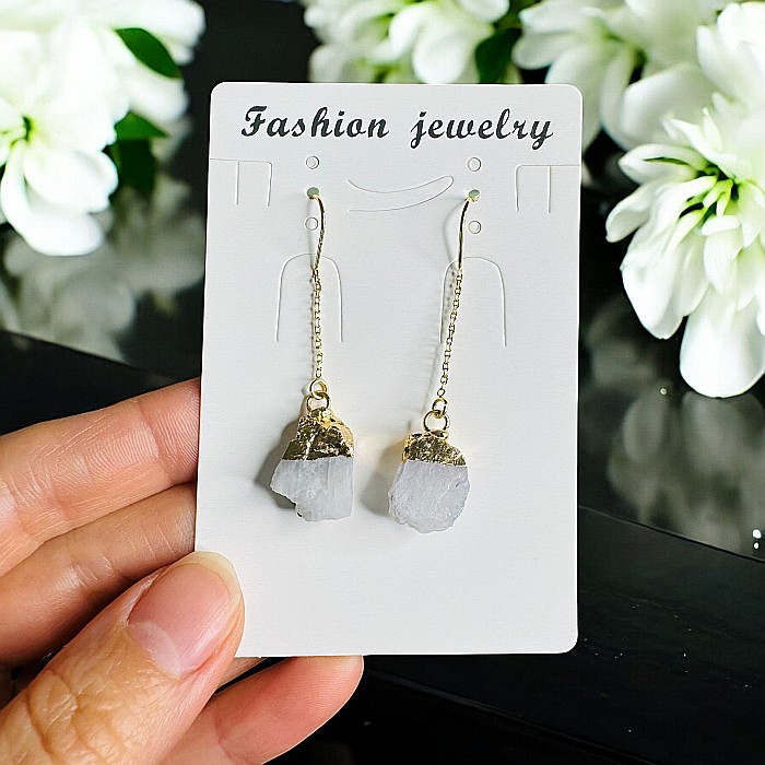 Cercei lungi drop cu cristal brut de Opal Alb Dendritic placati cu aur [4]