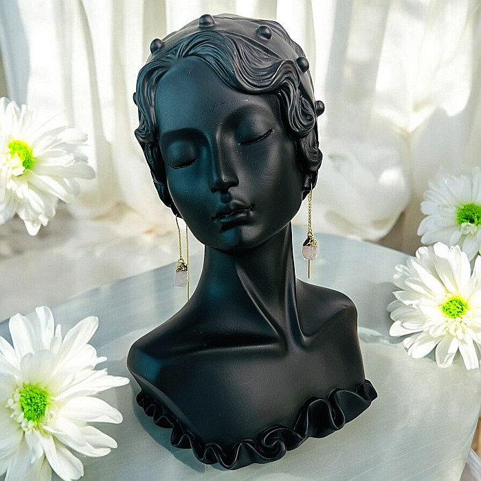 Cercei lungi drop eleganti Elara cu cristal brut de Cuart Roz placati cu aur [2]