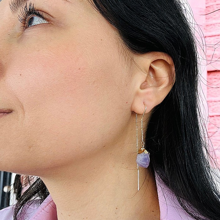 Cercei lungi drop eleganti Elara cu cristal brut de Ametist placati cu aur [3]