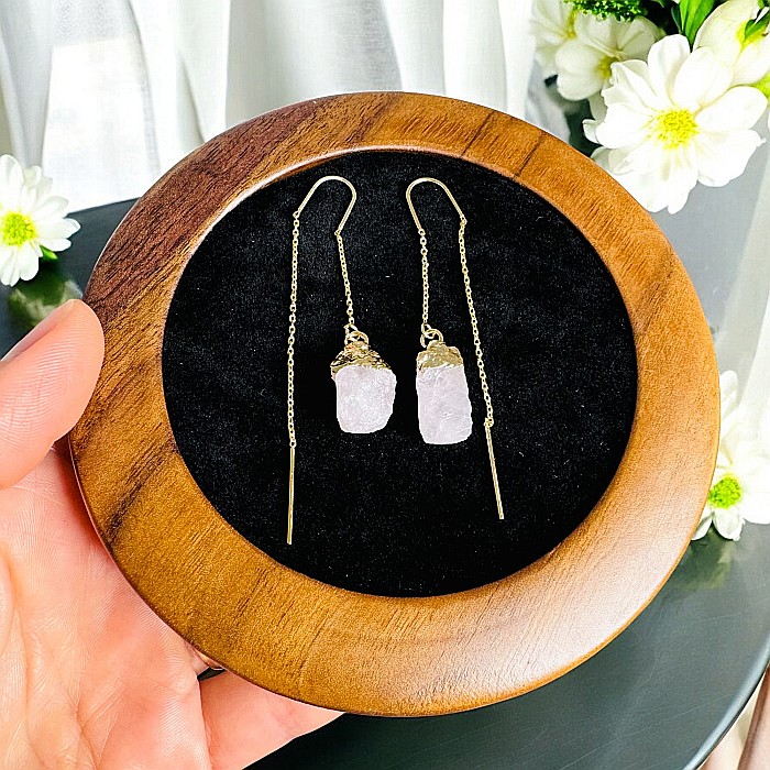 Cercei lungi drop eleganti Elara cu cristal brut de Cuart Roz placati cu aur [4]