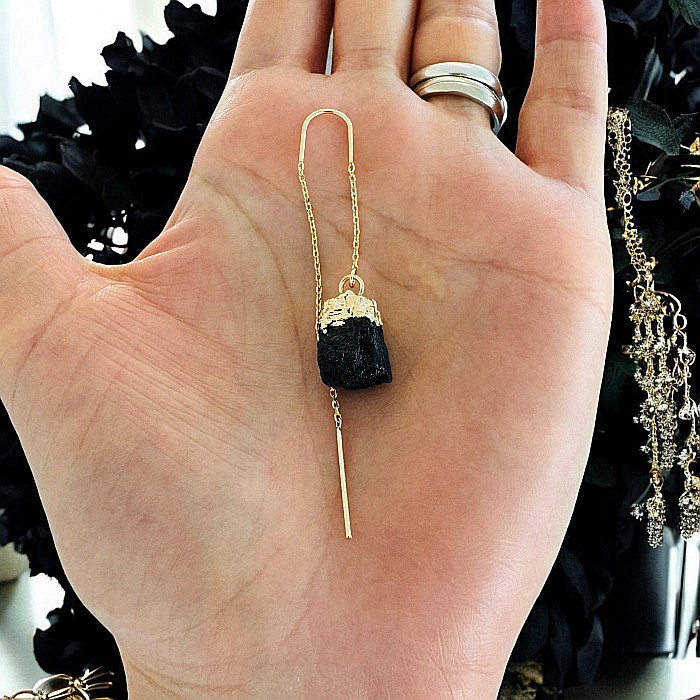 Cercei lungi drop eleganti Elara cu cristal brut de Turmalina neagra placati cu aur [6]