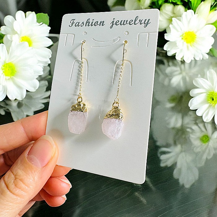 Cercei lungi drop eleganti Elara cu cristal brut de Cuart Roz placati cu aur [5]