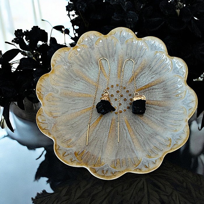 Cercei lungi drop eleganti Elara cu cristal brut de Turmalina neagra placati cu aur [4]