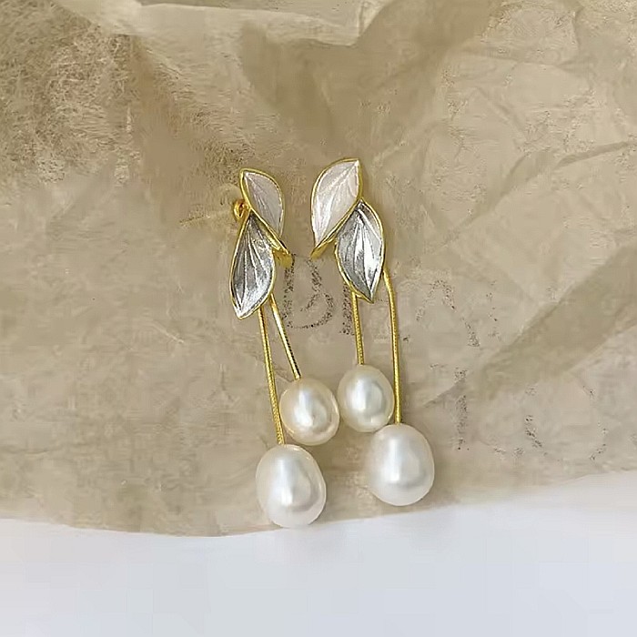 Cercei lungi tassel cu perle din argint 925 placat cu Aur si frunze [2]