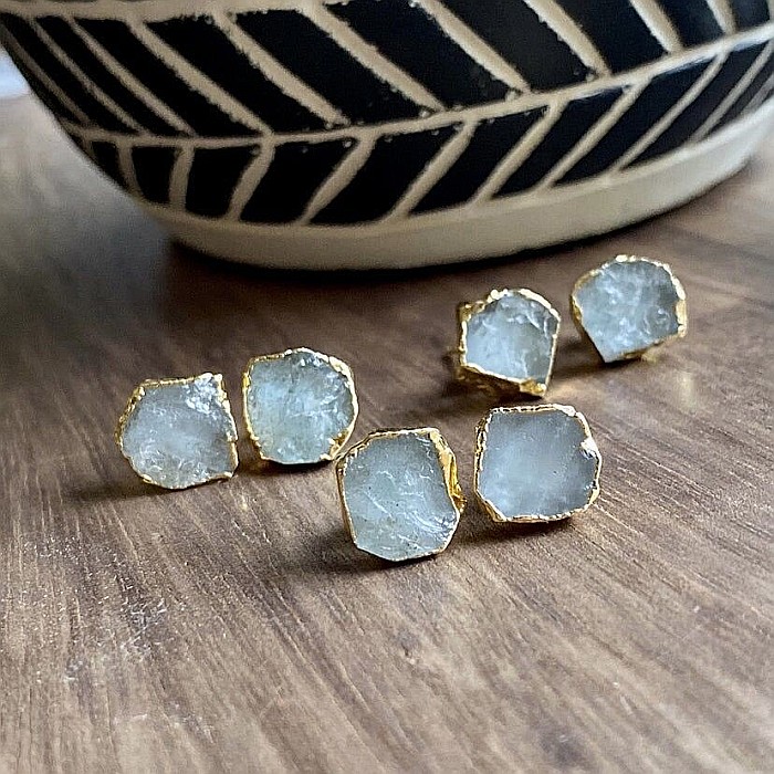 Cercei piatra naturala Acvamarin, cercei cu cristal brut, placati cu aur de 18K [4]
