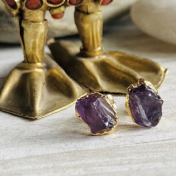 Cercei piatra naturala Ametist, cercei cu cristal brut, placati cu aur de 18K [6]