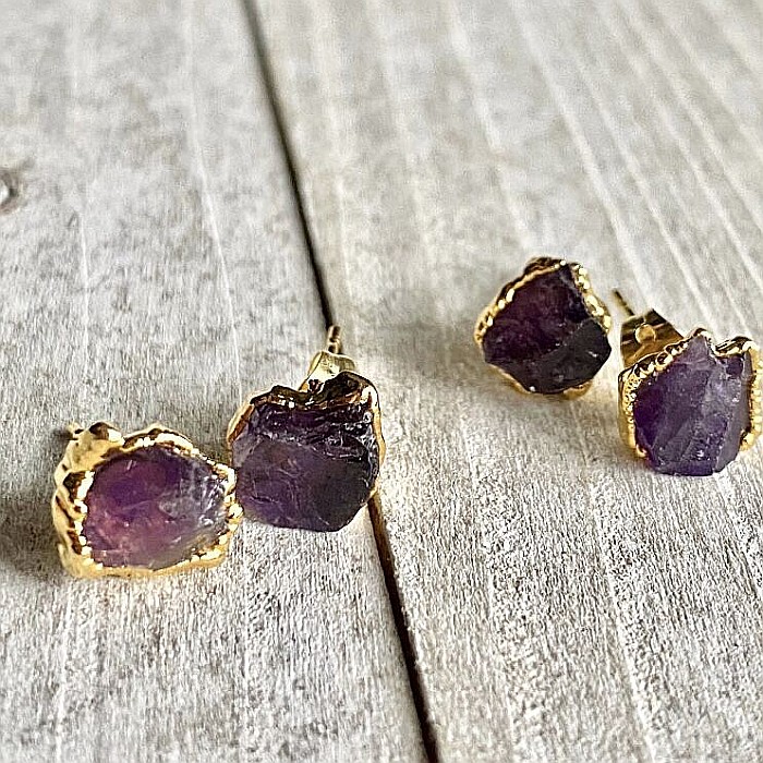 Cercei piatra naturala Ametist, cercei cu cristal brut, placati cu aur de 18K [7]