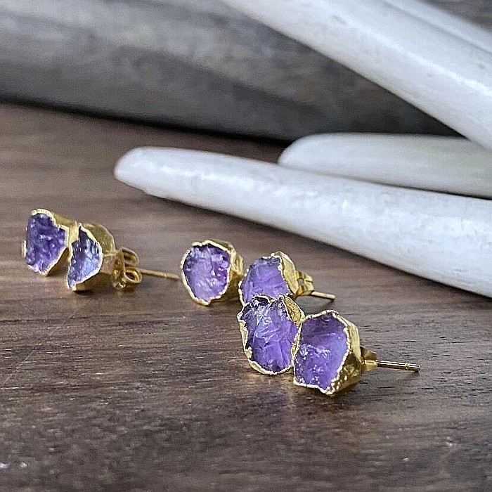 Cercei piatra naturala Ametist, cercei cu cristal brut, placati cu aur de 18K [3]