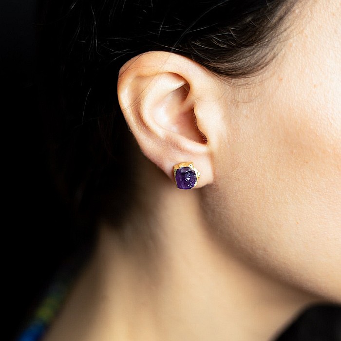 Cercei piatra naturala Ametist, cercei cu cristal brut, placati cu aur de 18K [2]