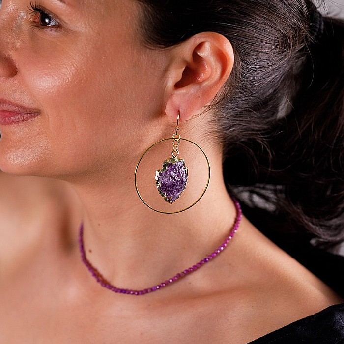 Cercei rotunzi Taara cu sageata cristal de Ametist ❤️ [12]