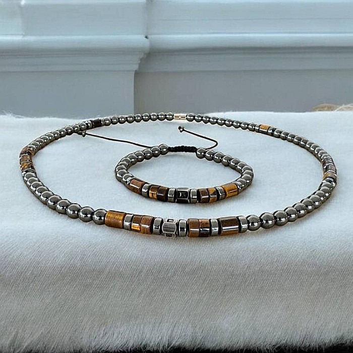 Colier barbati handmade Amos din Hematit si Ochi de Tigru, cu inchidere magnetica [9]