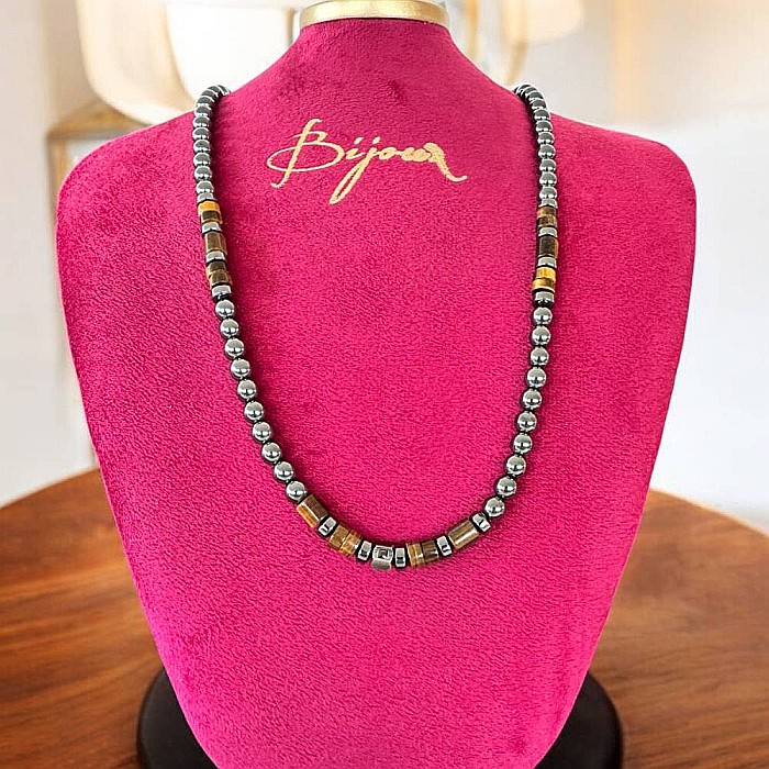 Colier barbati handmade Amos din Hematit si Ochi de Tigru, cu inchidere magnetica [4]