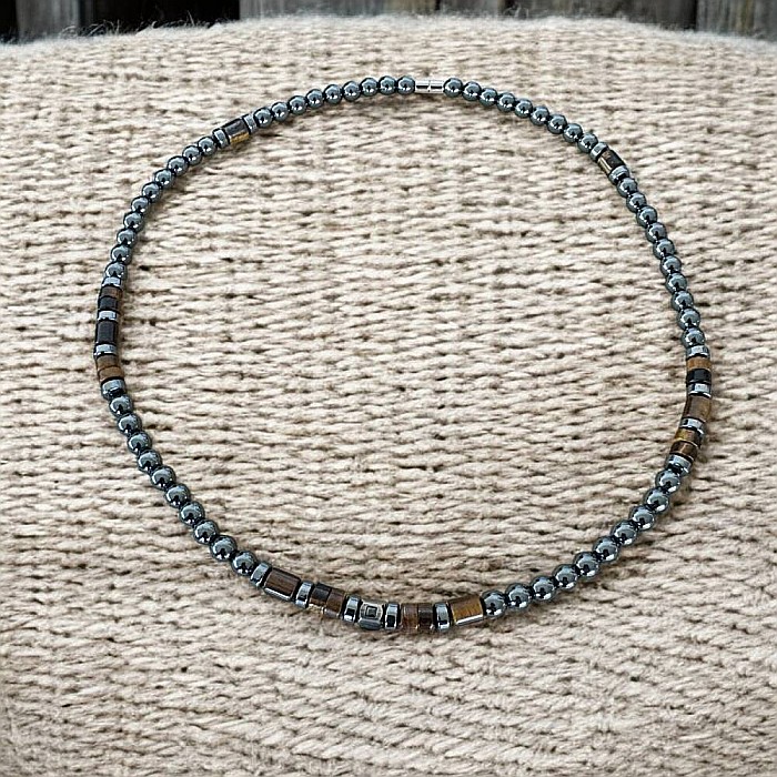 Colier barbati handmade Amos din Hematit si Ochi de Tigru, cu inchidere magnetica [7]