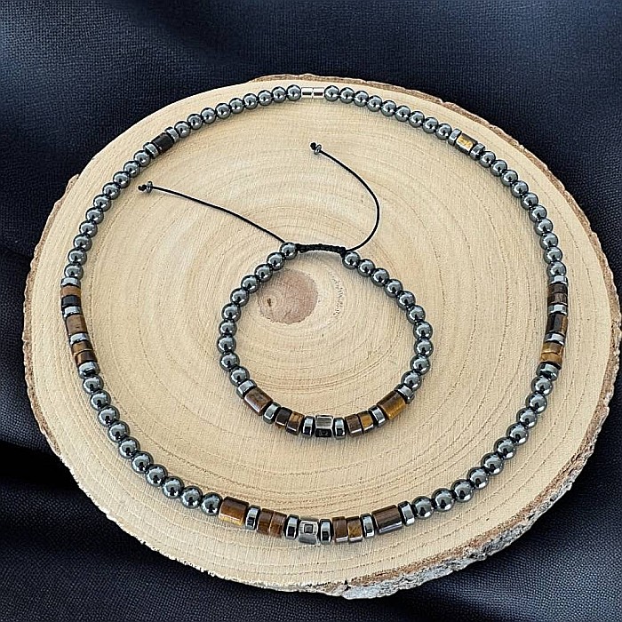 Colier barbati handmade Amos din Hematit si Ochi de Tigru, cu inchidere magnetica [8]