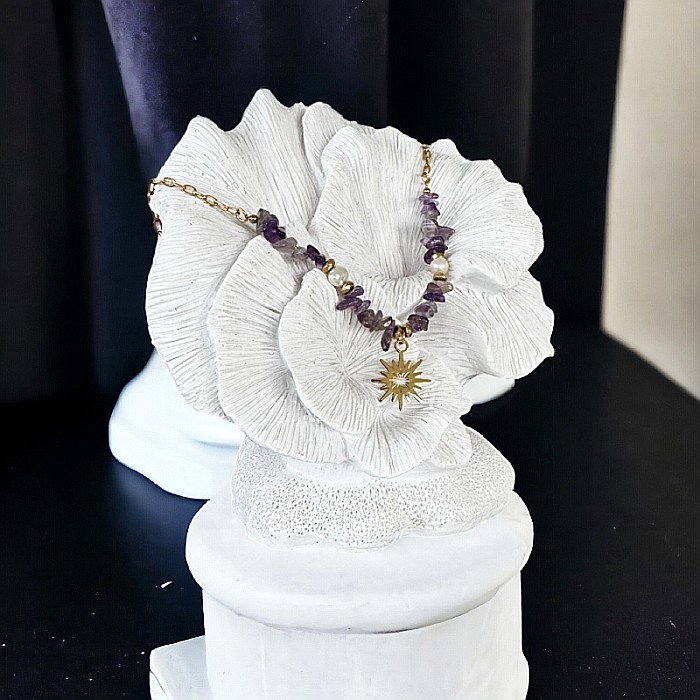 Colier boho cu cipsuri de Ametist si perle din otel inoxidabil placat cu aur de 14K [5]