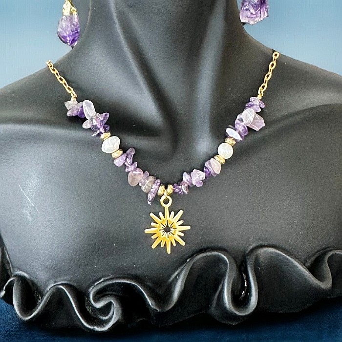 Colier boho cu cipsuri de Ametist si perle din otel inoxidabil placat cu aur de 14K [3]