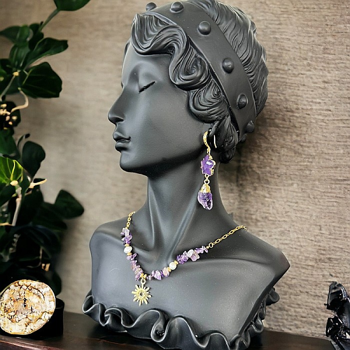 Colier boho cu cipsuri de Ametist si perle din otel inoxidabil placat cu aur de 14K [1]