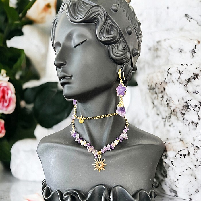 Colier boho cu cipsuri de Ametist si perle din otel inoxidabil placat cu aur de 14K [6]