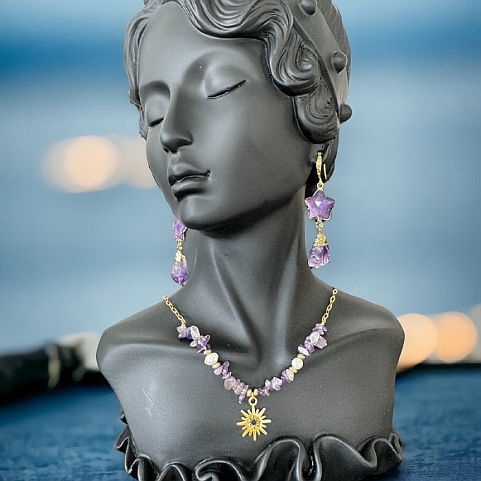 Colier boho cu cipsuri de Ametist si perle din otel inoxidabil placat cu aur de 14K [8]