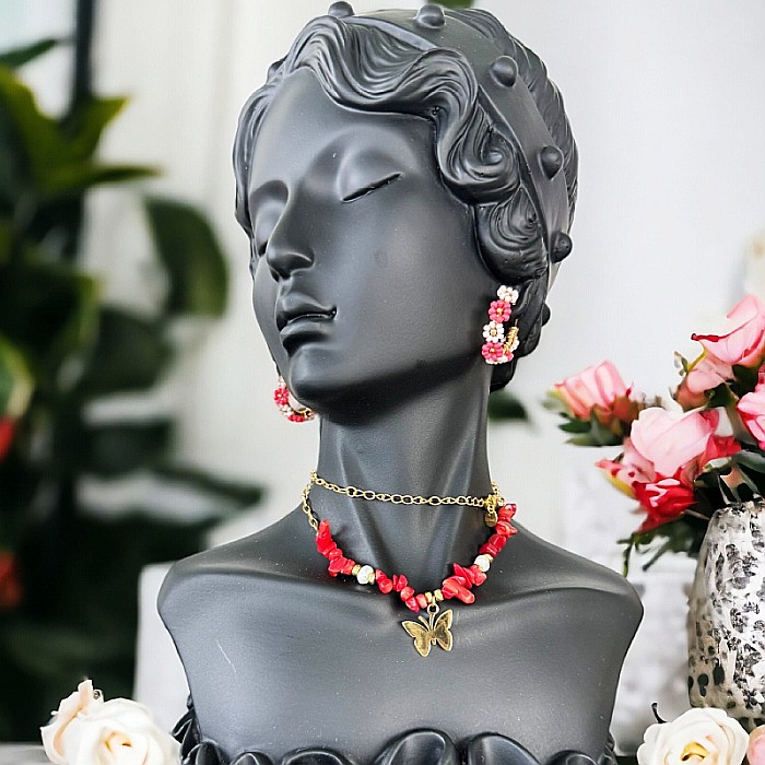 Colier boho cu cipsuri de Coral Rosu si Perle naturale din otel inoxidabil placat cu aur de 14K [6]