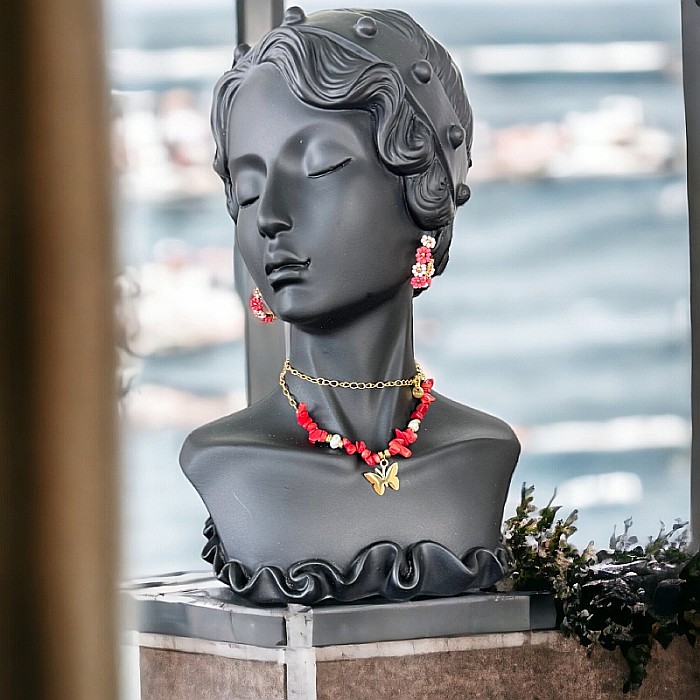 Colier boho cu cipsuri de Coral Rosu si Perle naturale din otel inoxidabil placat cu aur de 14K [3]