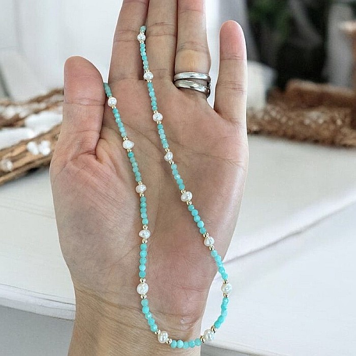 Colier Boho din pietre de Amazonit si Perle naturale, Bono, din cupru placat cu aur [8]