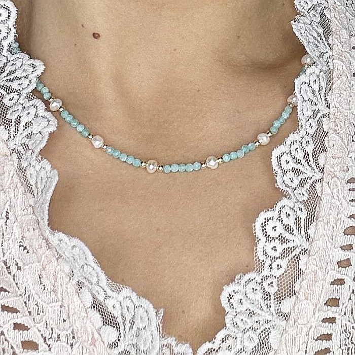 Colier Boho din pietre de Amazonit si Perle naturale, Bono, din cupru placat cu aur [2]