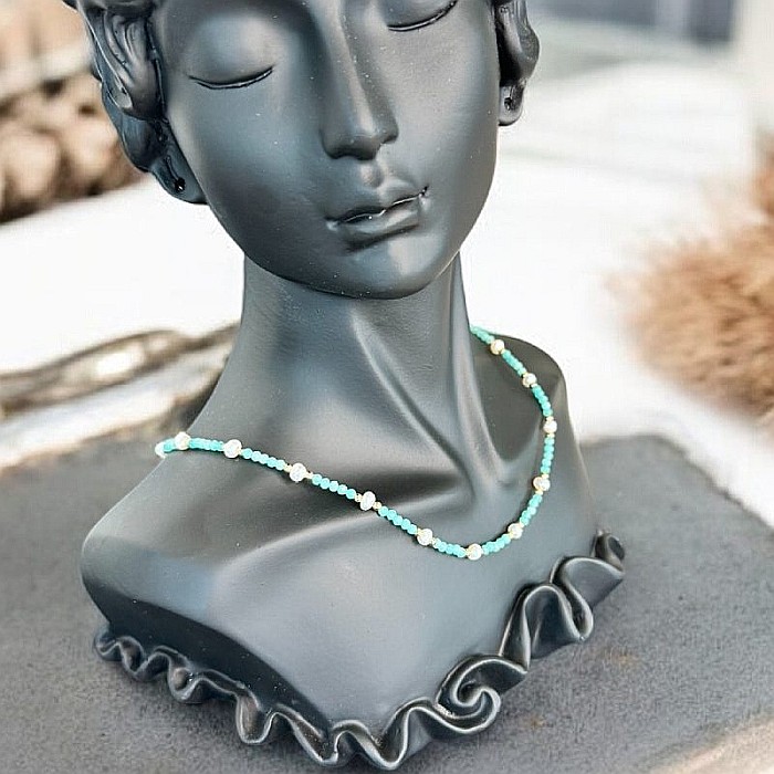 Colier Boho din pietre de Amazonit si Perle naturale, Bono, din cupru placat cu aur [4]