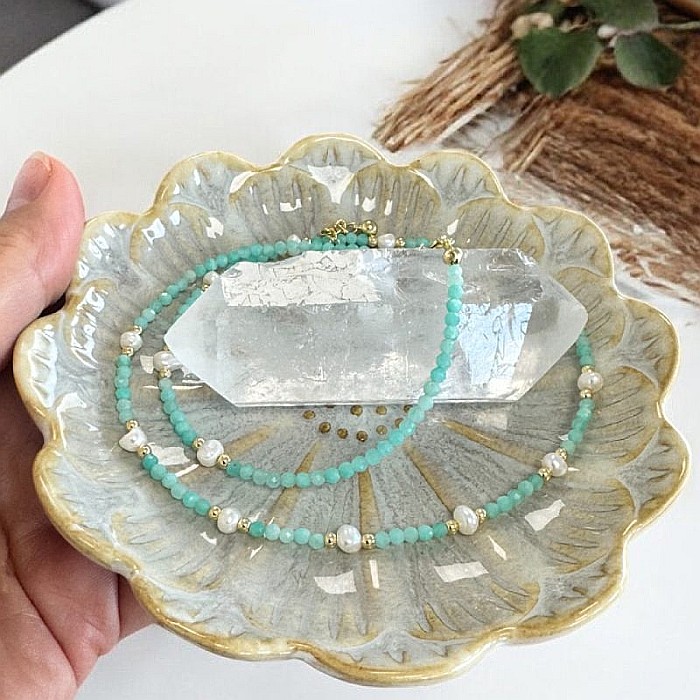 Colier Boho din pietre de Amazonit si Perle naturale, Bono, din cupru placat cu aur [3]