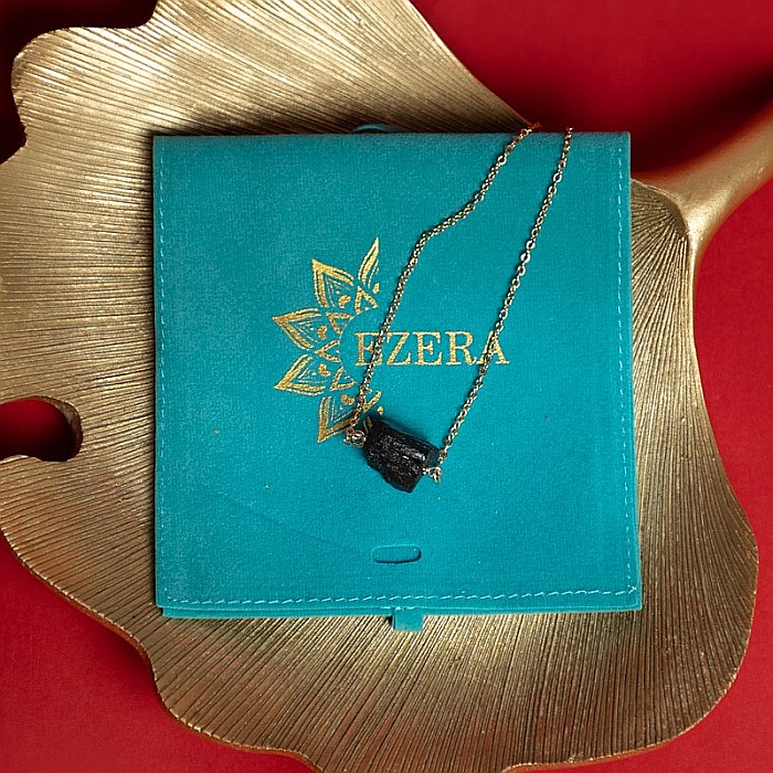 Colier lant cu piatra de turmalina neagra bruta, Aron, placat cu aur de 18K [8]