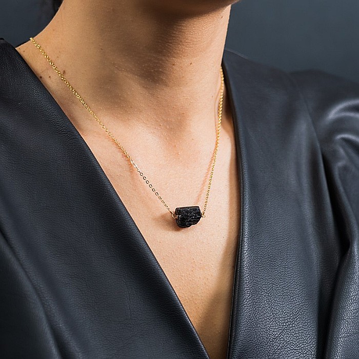 Colier lant cu piatra de turmalina neagra bruta, Aron, placat cu aur de 18K [5]