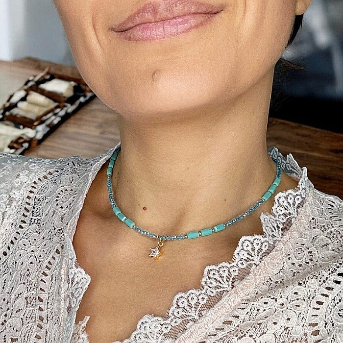 Colier choker din cristale de apatit Colin, cu charm stea din zircon, cupru placat cu aur [6]